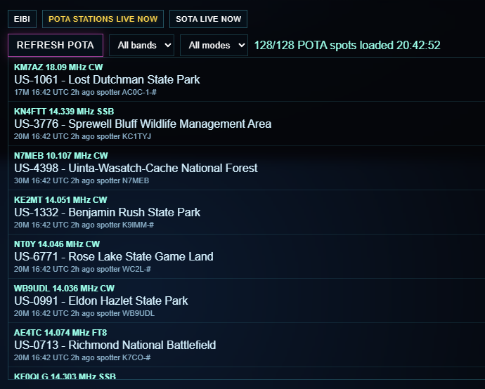 POTA live spots in WildCat Control